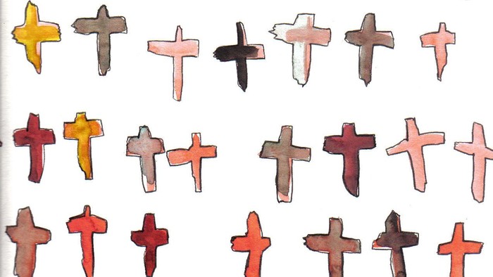 Viele bunte Kreuze in unterschiedlicher Ausrichtung und Farbe