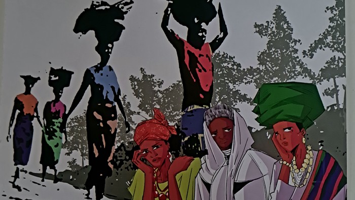 Lebendige Illustration verschiedener Menschen, die Lasten tragen und farbenfrohe traditionelle Kleidung in einer ländlichen Umgebung tragen.