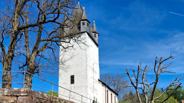 Historischer Steinturm mit Treppe, umgeben von Grünflächen und Bäumen.