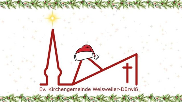 Weihnachtslogo mit Kirchensilhouette, Santa-Hut und Stern, beschriftet mit „Ev. Kirchengemeinde Weisweiler-Dürwiß“.
