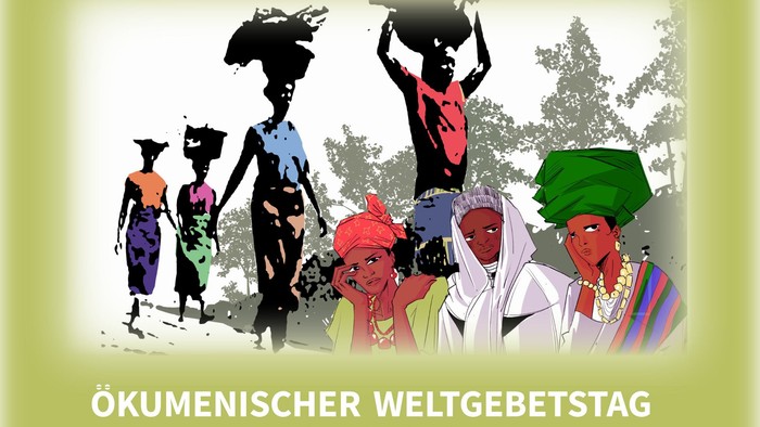 Plakat lädt zum Ökumenischen Weltgebetstag im März 2026 ein, mit Beiträgen nigerianischer Frauen und einem Fokus auf Empowerment.