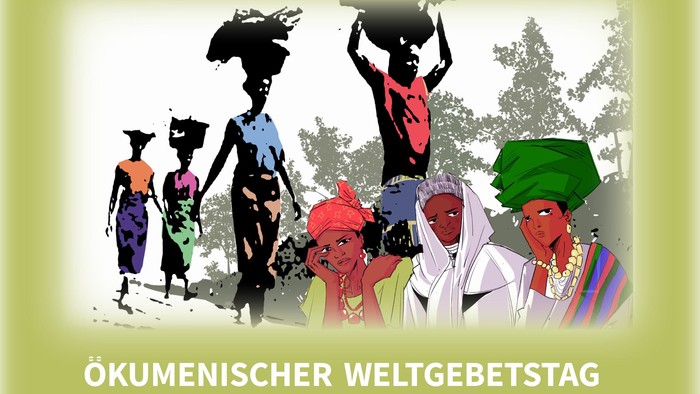 Plakat lädt zum Ökumenischen Weltgebetstag im März 2026 ein, mit Beiträgen nigerianischer Frauen und einem Fokus auf Empowerment.