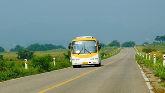 En gul bus kører på en landevej med græs og buske på begge sider.