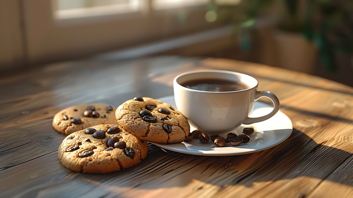En kop kaffe og tre chokoladecookies på et træbord