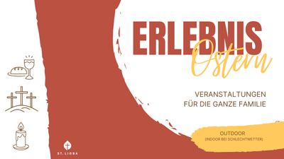 Osterveranstaltungsplakat, das Familien zu Outdoor-Aktivitäten einlädt, mit Indoor-Alternativen bei schlechtem Wetter.