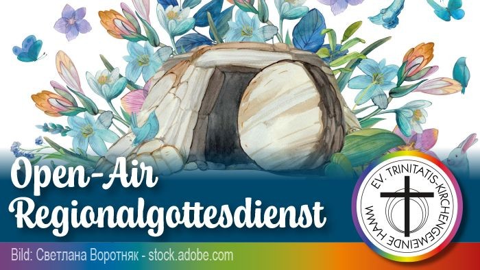 Bunte Open-Air-Osterandacht-Illustration mit einem leeren Grab, umgeben von blühenden Blumen.