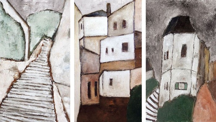 Abstraktes Triptychon, das einen gewundenen Pfad, idyllische Häuser und ein turmbehaftetes Gebäude in lockeren, expressiven Pinselstrichen darstellt.