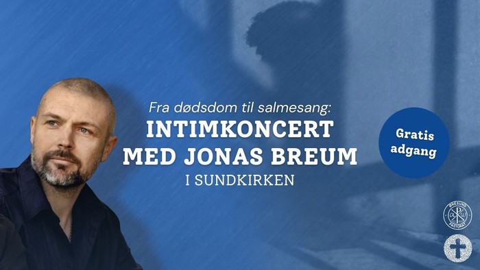 Reklameplakat for en gratis intimkoncert med Jonas Breum i en kirke, med titlen *