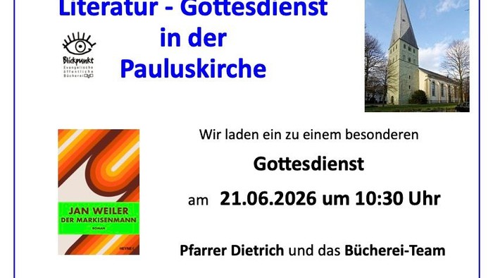 Einladungsplakat für einen besonderen Gottesdienst mit Literatur von Jan Weiler in der Pauluskirche am 21. Juni 2026.