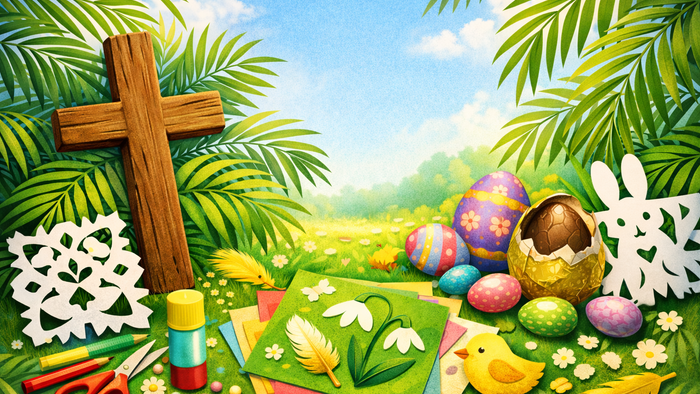 Påskeæg og klippeklistre under palmeblade