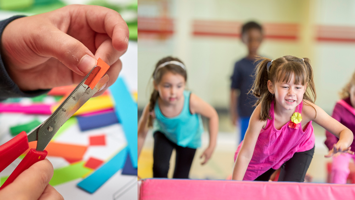 Kinder, die in einem Klassenzimmer spielen und basteln.