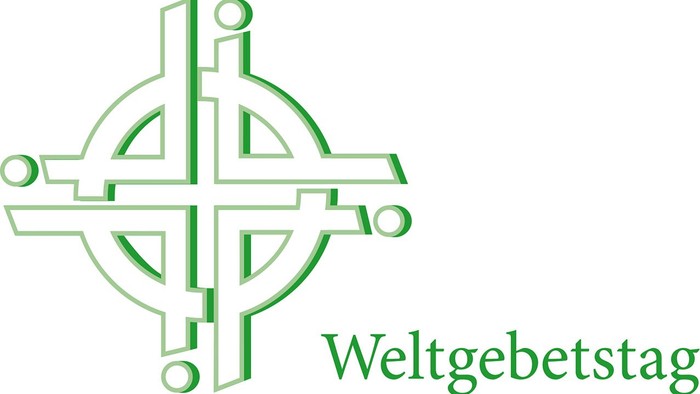 Grünes Logo, das den Weltgebetstag symbolisiert, mit einem stilisierten Kreuz und miteinander verbundenen Kreisen, beschriftet mit „Weltgebetstag“.