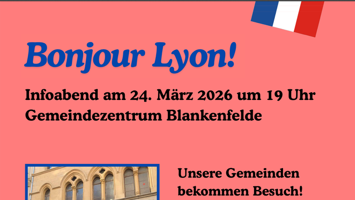 Einladungsplakat für einen Informationsabend zu Lyon am 24. März 2026 im Gemeinschaftszentrum Blankenfelde.
