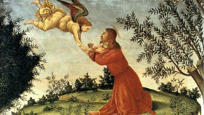 Engel schwebt über schlafende Menschen in einer Gartenlandschaft