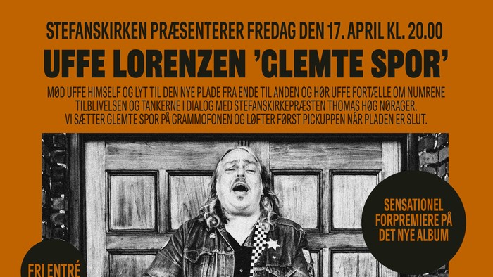 En plakat, der annoncerer en gratis koncert med Uffe Lorenzen i Stefanskirken med hans nye album *