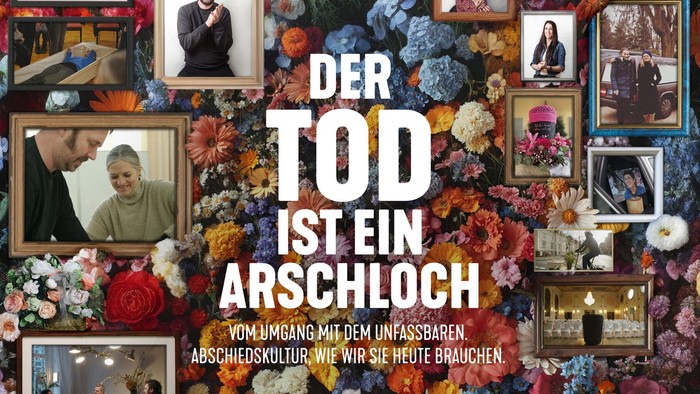 Deutscher Filmplakat-Titel *„Der Tod ist ein Arschloch“* mit makabrer, farbenfroher Collage und Totenkopf-Motiven.