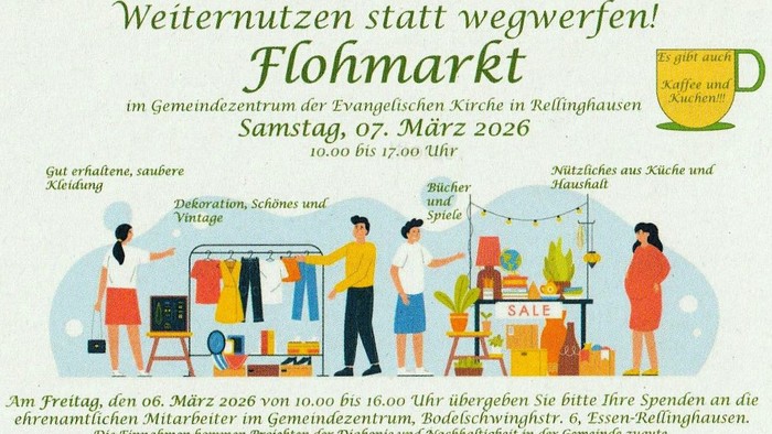 Ein Flohmarkt-Flyer, der Wiederverwendung statt Wegwerfen bewirbt – mit verschiedenen Haushaltsgegenständen und einem Kaffeeangebot am 7. März 2026.