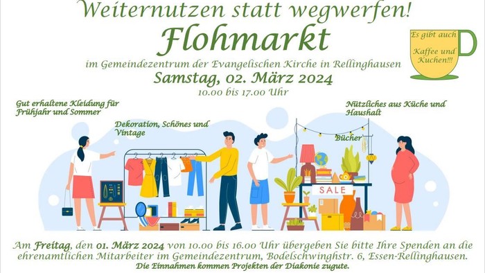Einladung zum Flohmarkt im Gemeindezentrum der Evangelischen Kirche in Rellinghausen am 02. März 2024 von 10:00 bis 17:00 Uhr.