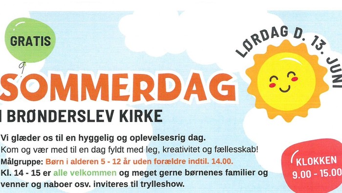 Gratis sommerarrangement ved Brønderslev Kirke med aktiviteter for børn i alderen 5-12 år lørdag den 13. juni fra kl. 9 til 15.