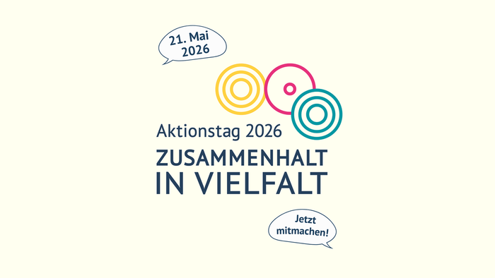 Werbegrafik für den „Aktionstag 2026“ mit dem Motto „Einheit in Vielfalt“, zur Teilnahme am 21. Mai 2026 aufrufend.