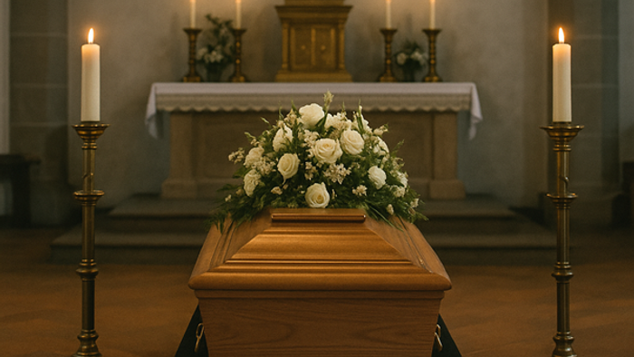 Ein Sarg in einer Kirche mit Blumen und Kerzen, darüber steht 