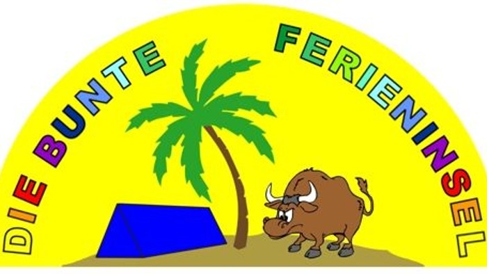 Ein bunter Ferieninseln-Logo mit Palmen und einem Büffel