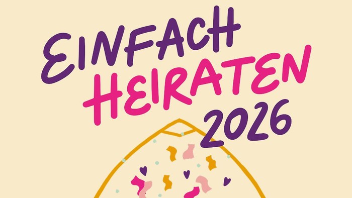 Illustrierte Grafik zur Bewerbung einer einfachen Hochzeitsfeier im Jahr 2026 mit Konfetti und verschränkten Händen.