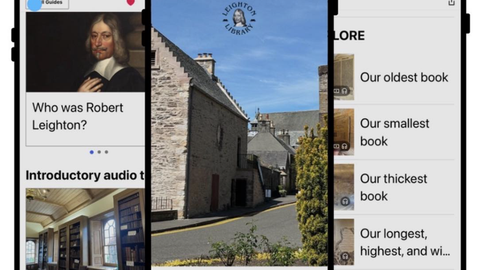 A mobile app showcasing Leighton's Library with guides, audio tours, and book highlights.