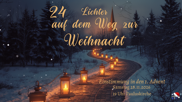 Eine friedvolle Winterszene zeigt 24 beleuchtete Laternen entlang eines verschneiten Pfades, der zu einer Weihnachtsfeier führt, mit Details zum Advents-Event.