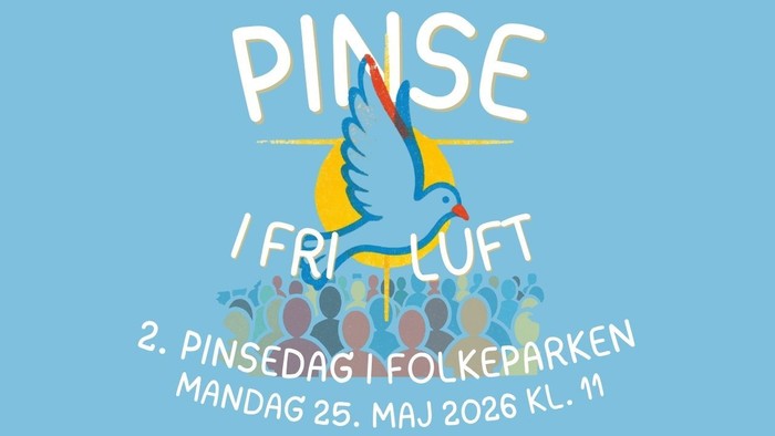 Plakatannoncering af en gratis udendørs pinsearrangement i Folkeparken den 25. maj 2026 kl. 11.00.