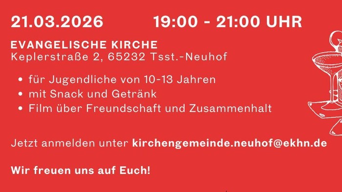 Filmvorführungs-Plakat für Jugendliche zwischen 10 und 13 Jahren mit Snacks, Freundschaftsfilm und Anmeldedetails.