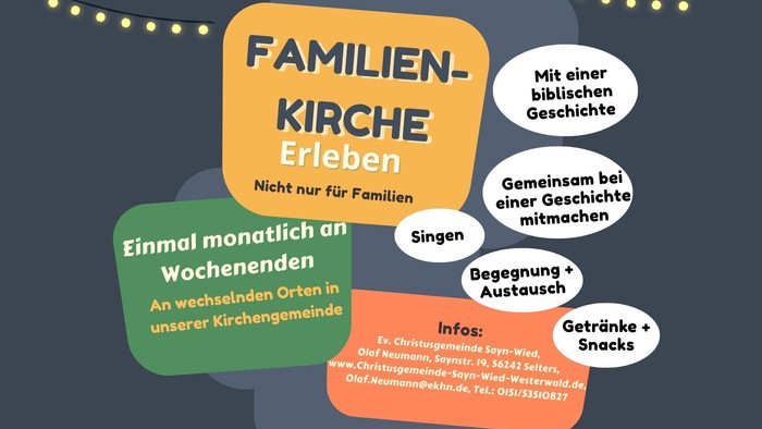 Familien-Kirchenerlebnis mit monatlichen Wochenendtreffen, biblischen Geschichten, Gesang und Erfrischungen für die Gemeinschaftsbeteiligung.