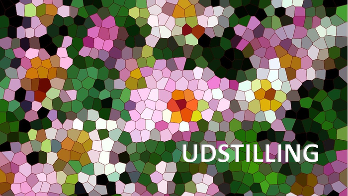 Billedet viser et farverigt mosaik med hexagonale former og ordet 