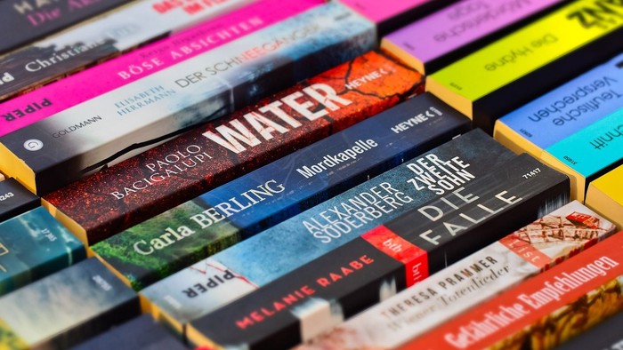 Eine Sammlung bunter Bücher, die aufrecht angeordnet sind, mit Titeln wie