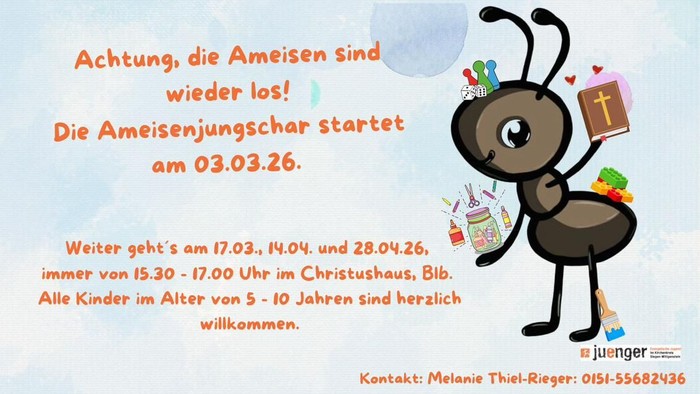 **Aushang: Ameisen-Themen-Event für Kinder** Liebe Familien, wir freuen uns, euch zu unserem spannenden **Ameisen-Event für Kinder** einzuladen! ? **Start: 3. März** (weitere Termine folgen) ? **Ort:** [Veranstaltungsort einfügen] ⏰ **Uhrzeit:** [Uhrze
