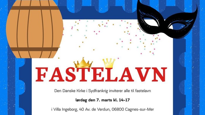 en invitation til Fastelavn den 7. marts 2026 fra kl. 14-17. Invitationen har blå striber og illustrationer fa en tønde, en kat og masker