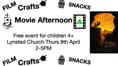 Free movie afternoon event for kids aged 4+ with crafts, snacks, and "The Prince of Egypt" screening.