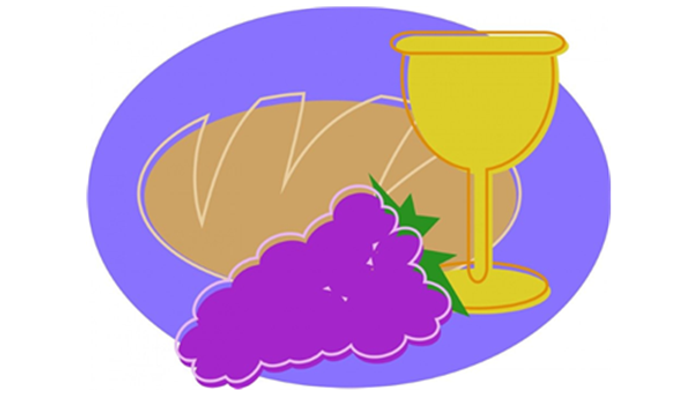 Bread, grapes, and wine in a yellow chalice on a blue background