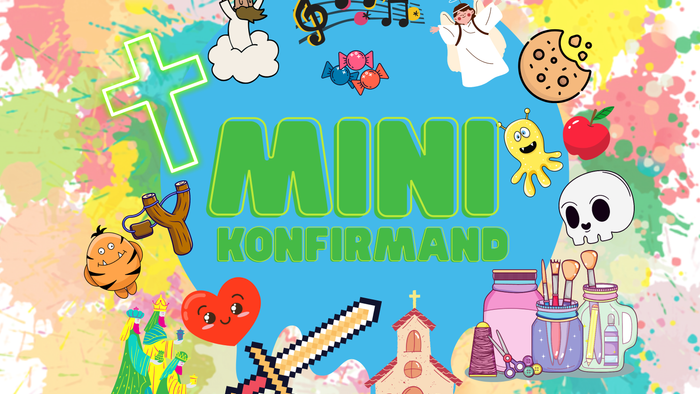 Billedet viser en farverig og fantasifuld illustration med forskellige symboler og figurer, bl.a. et kors, musiksymboler, malerens redskaber og en skolebygning, med teksten 