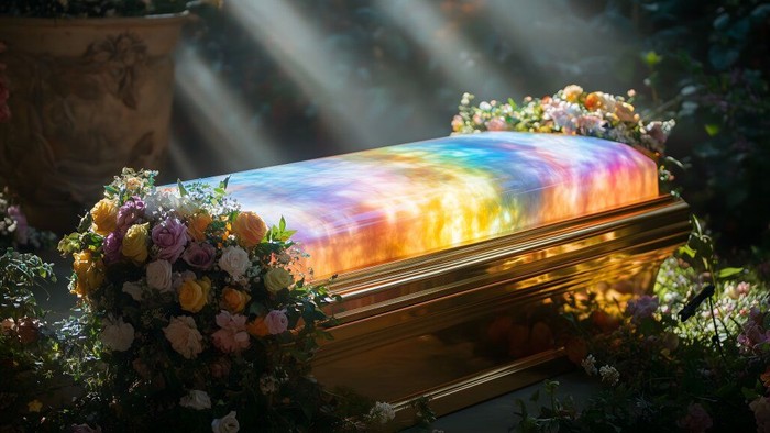 Ein bunter Sarg mit Blumenarrangement in einer Kirche