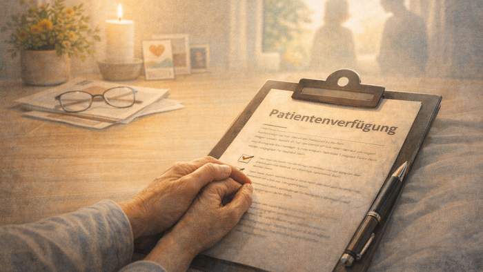 Eine Person unterzeichnet eine deutsche „Patientenverfügung“ (Patientenverfügung) auf einem Klemmbrett in einer gemütlichen Innenraumeinrichtung.