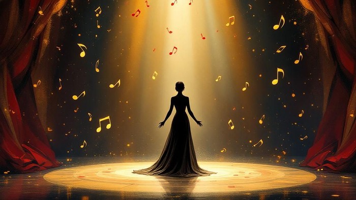 Eine Sängerin steht im Lampenschein auf der offenen Bühne und es regnet Noten auf Sie herab.