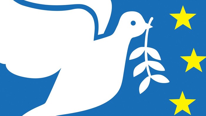 Colombe blanche tenant une branche d'olivier sur fond bleu avec étoiles jaunes