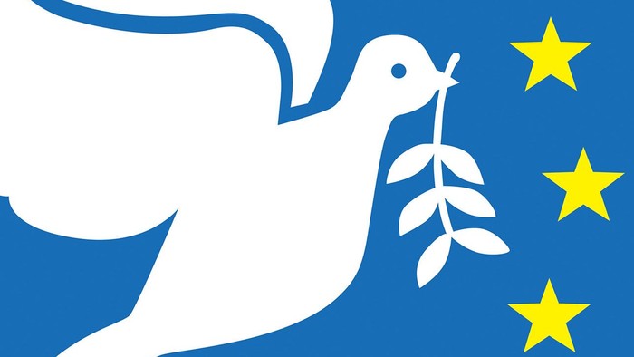 Colombe blanche tenant une branche d'olivier sur fond bleu avec étoiles jaunes