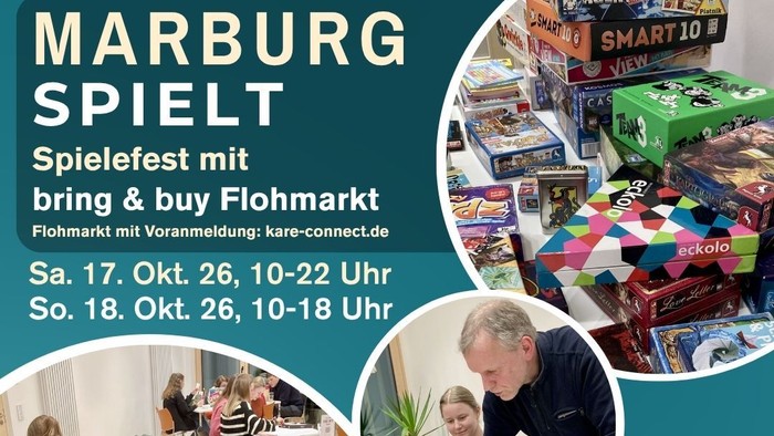 Spieletag in Marburg mit Flohmarkt (Bring- und Kaufaktion) am 26. Oktober, mit Brettspielen und Gemeinschaftsaktivitäten.