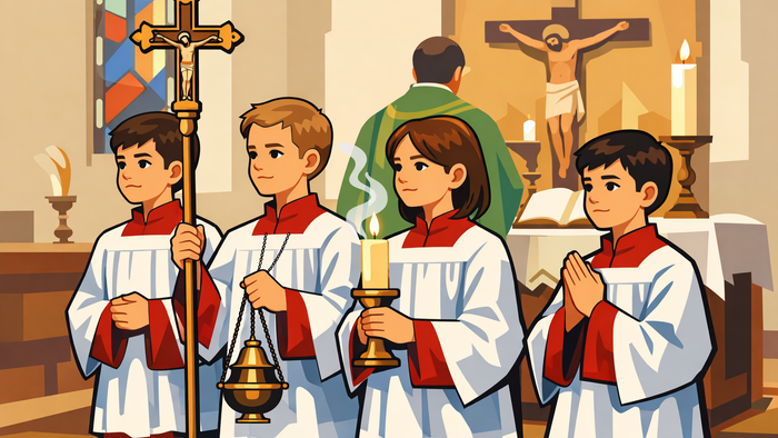 Junge Ministranten in traditionellen Gewändern, die an einer Kirchenzeremonie mit religiösen Symbolen teilnehmen.