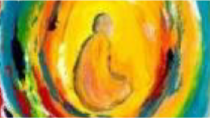 Abstraktes Gemälde mit einem wirbelnden, farbenfrohen Hintergrund und einer einfachen, stilisierten menschlichen Figur in Gelb.