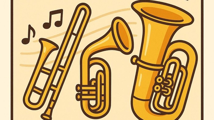 Ein lebendiges Logo mit Blechblasinstrumenten, beschriftet mit „Posaunenchor Dierdorf“ und musikalischen Noten.