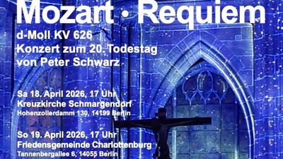 Plakat zur Werbung für Mozarts Requiem-Konzerte zum Gedenken an den Todestag von Peter Schwarz mit Aufführungsdetails und Veranstaltungsorten.