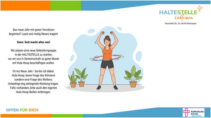 Plakat zur Bewerbung einer neuen Hula-Hoop-Selbsthilfegruppe, die im Januar startet und zur Teilnahme mit Fitness- und Gemeinschaftsaktivitäten einlädt.